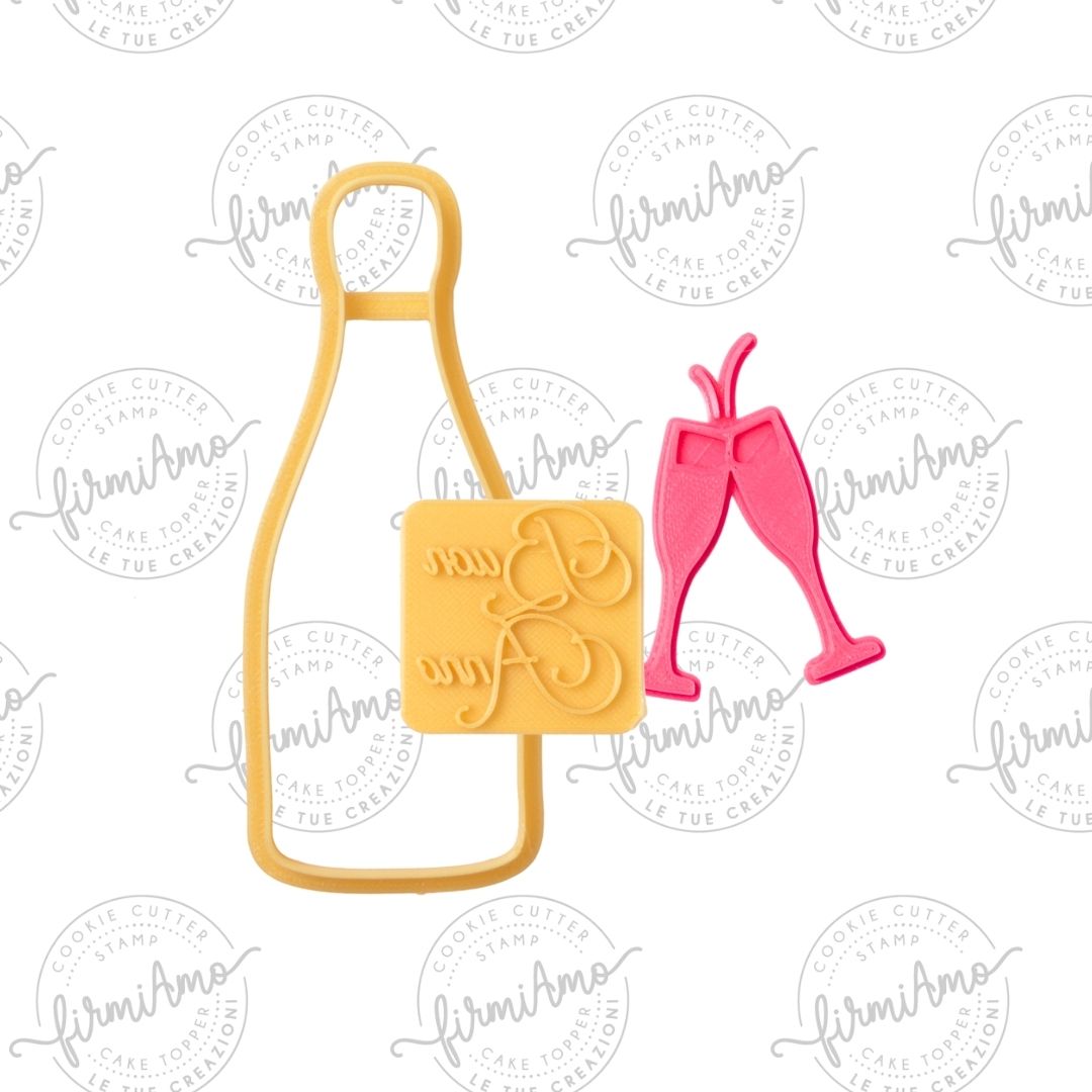 Sparkling wine bottle with glasses with Happy New Year