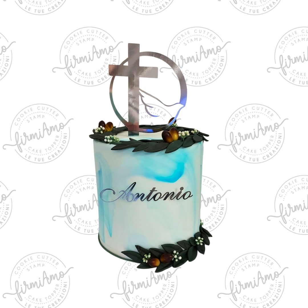 Cake topper carta croce con colomba con nome personalizzato